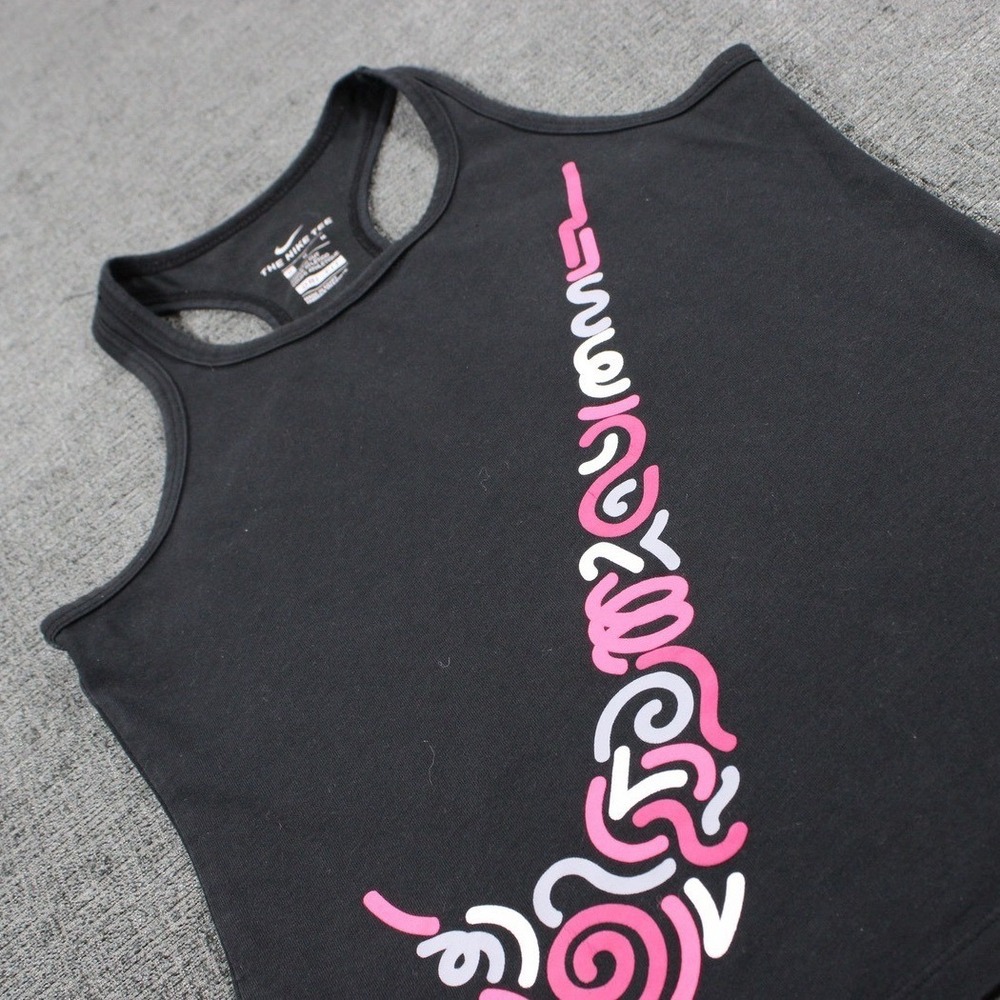 Nike Dri-FIT Womens Graphic Racerback Tank Top‎ Black Pink Swirl Swoosh Size M